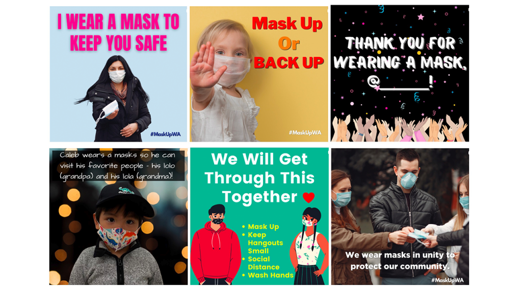 six memes promoting wearing a mask, each featuring an image of a person wearing a mask with words of encouragement