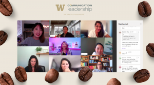 An array of tiles with women in a zoom meeting, with coffee beans surrounding